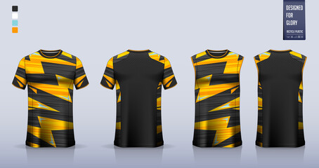 Yellow Black T-shirt sport, Soccer jersey, football kit, basketball uniform, tank top, and running singlet mockup. Fabric pattern design. Vector. © tondruangwit
