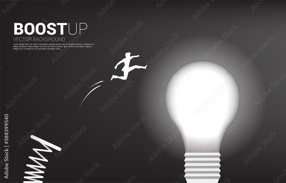 Poster silhouette of businessman jump to light bulb with springboard . business concept of creative idea an