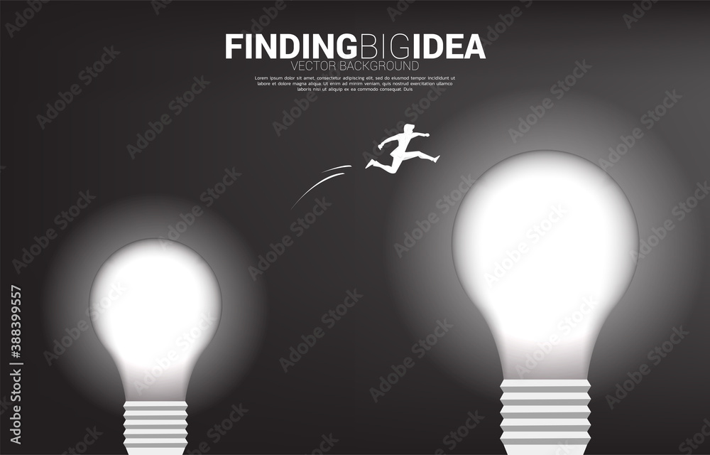 Poster silhouette of businessman jumping from small bulb to big one.concept for business risk for finding b