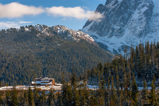 Mt. Baker, Washington, Ski Area. Popular Ski Resort And Lodge With The Snow Capped Peak Of Mt. Shucksan Looming In The Background.