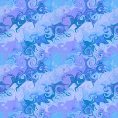 Multicolored swirls in paper marbling technics. Abstract Seamless pattern of spirals of different shapes and sizes in blue winter colors. Ebru imitation for textile print, wrapping paper, scrapbook.