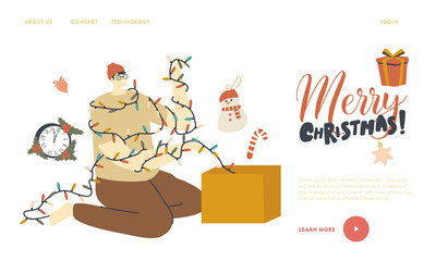 Man Pull Christmas Decor Out of Box Landing Page Template. Male Character Prepare for New Year and Xmas Holidays