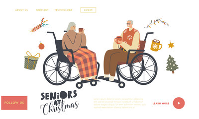 Fototapeta premium Aged Man and Woman Holiday Celebration Landing Page Template. Seniors Sitting on Wheelchair Drinking Hot Beverages