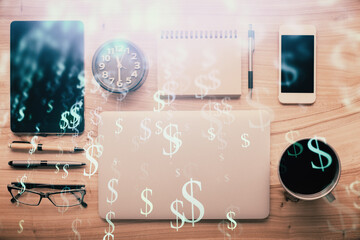 Double exposure of forex graph hologram over desktop with phone. Top view. Mobile trade platform...