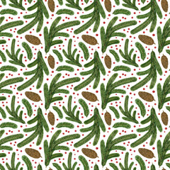 Forest plant Seamless Pattern. Watercolor Spruce, Fir Tree Branches, Pinecone, berry. Hand drawn texture, background for Christmas, natural print, invitation, textile, scrapbooking, wrap, gift paper