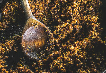 Bread crumbs in the pan.