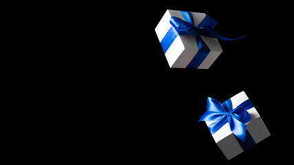 Gift online. White gift box with blue ribbon isolated on black background in Black Friday concept. Winter flying composition with copy space.