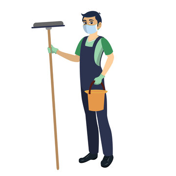 Isolated cleaning staff wearing a face mask - Vector illustration