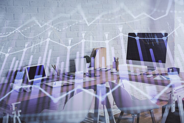 Multi exposure of stock market chart drawing and office interior background. Concept of financial analysis.