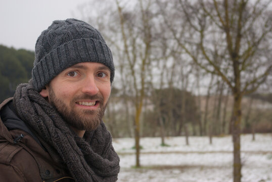 Caucasian man wearing a wooly hat in Parc Natural de Gallecs, Parets del Valles, Barcelona, Spain