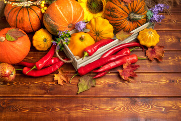 Fall decor with pumpkin and red peppers
