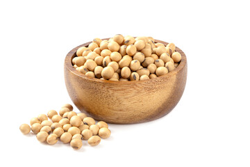 Organic soybeans in wooden bowl isolated on white background.