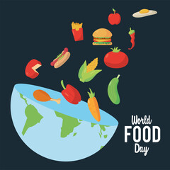 world food day lettering poster with earth planet half and nutritive food