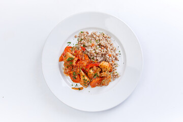 chicken with buckwheat on the white background
