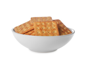 Delicious crackers in bowl isolated on white