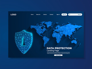 World map network data protection technology landing page, blue interface, vector