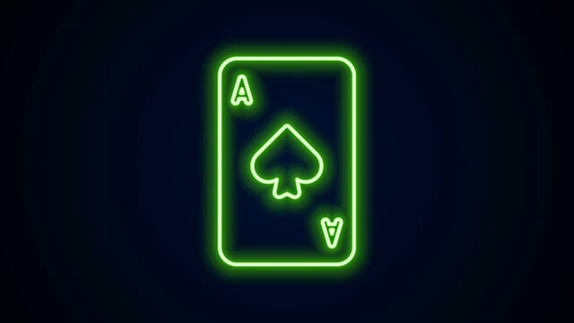 Glowing neon line Playing card with spades symbol icon isolated on black background. Casino gambling. 4K Video motion graphic animation.