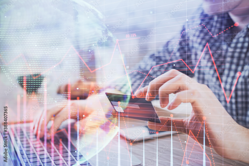Poster double exposure of man hands holding a credit card and forex graph drawing. stock trading and digita