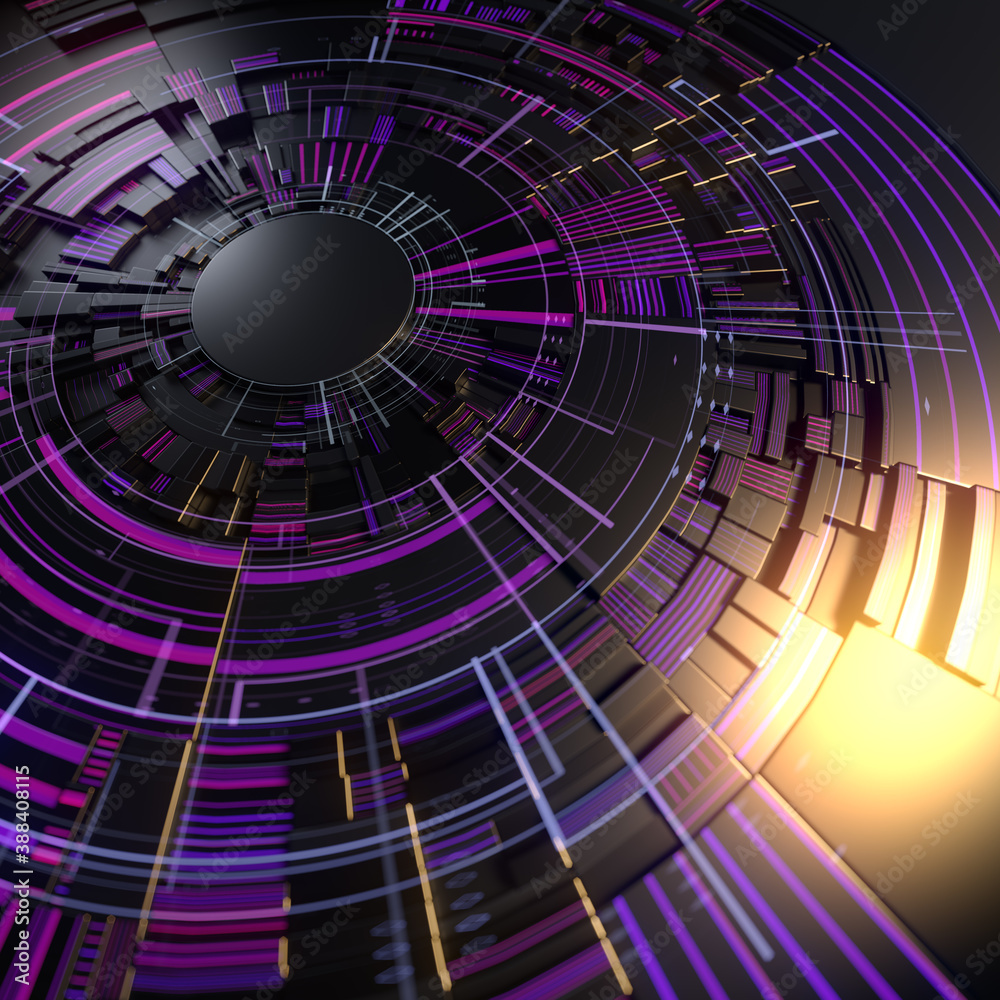 Poster 3d rendering hi-tech hud gears with colored glowing elements. Modern design with a depth of field. Digital illustration