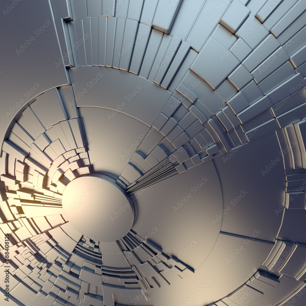 Poster futuristic composition with circular sci-fi metallic geometric shapes. depth of field. 3d rendering 