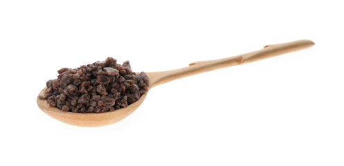 Black salt in wooden spoon isolated on white