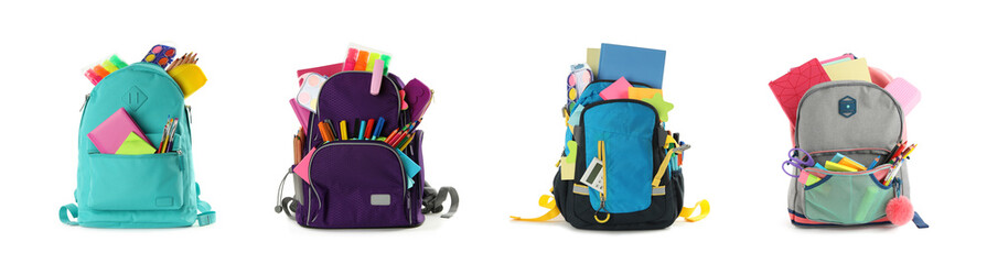 Set of backpacks with bright school stationery on white background, banner design