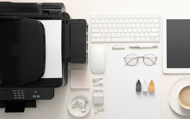 New modern printer, tablet and office supplies on white table, flat lay