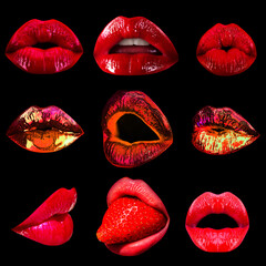 Collage sexy seduction woman mouth, passion lick and sensual suck. Set of lips seduction temptation...