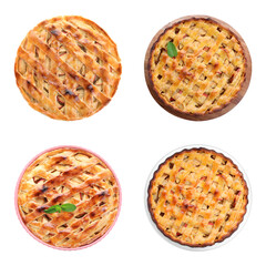 Set of traditional apple pies on white background, top view