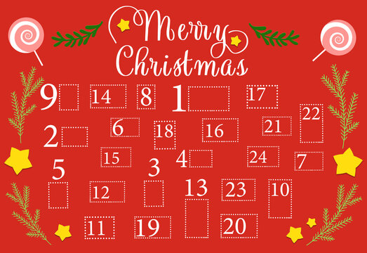 Bright Christmas advent calendar on red background, illustration