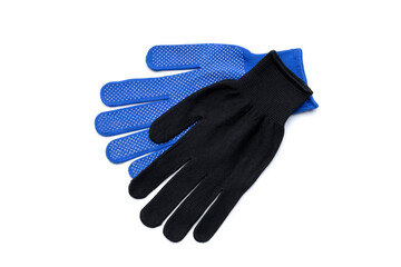 black and blue textile worker gloves isolated on a white background. above view. studio shot. handyman protective equipment