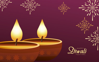 happy diwali celebration with two candles wooden in purple background