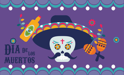 dia de los muertos poster with mariachi skull and maracas