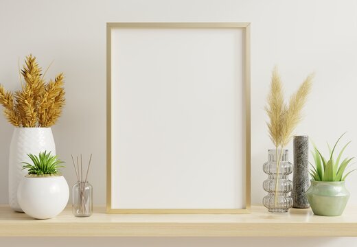 Home Interior Poster Mock Up With Vertical Gold Frame With Ornamental Plants In Pots On Empty Wall Background.