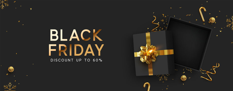 Black Friday Super Sale. Realistic Black Gifts Boxes. Empty Open Gift Box Top View With Gold Bow. Dark Background Golden Text Lettering. Horizontal Banner, Poster, Header Website. Vector Illustration