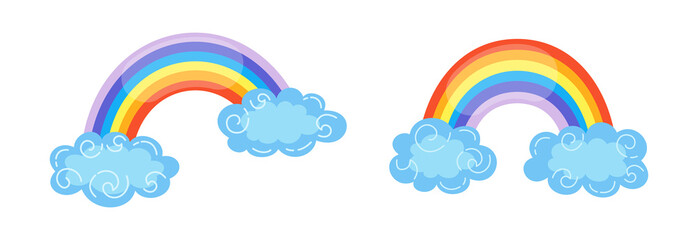 Rainbow with clouds cartoon style set. Abstract flat rainbow colors hand drawn symbol. Cute bright nature weather element for kids. For print, card, fabric. Isolated vector illustration