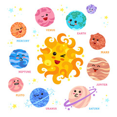 Planets around sun space with cute emoticons kawaii, cartoon faces. Cartoon solar system names. Astronomical observatory. Sun moon mercury venus earth mars jupiter saturn neptun. Vector illustration © neliakott