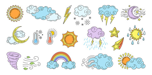 Weather cartoon set. Linear hand drawn sun and clouds, rain or snow, lightning, moon, star, rainbow. Symbols forecast weather. Vector outline colored collection. Meteorological infographics signs