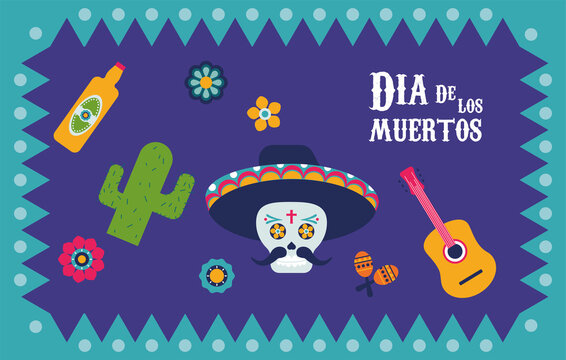 dia de los muertos poster with celebration set icons