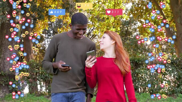 Interracial Smiling Couple Send Message On Facebook - Ovelay Emoji 