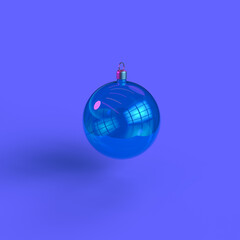 Fototapeta premium Blue glass Christmas ball with neon pink light floating on purple background. Holidays concept and minimalistic style. Seasonal decor Merry Christmas and Happy New Year illustration 3D rendering