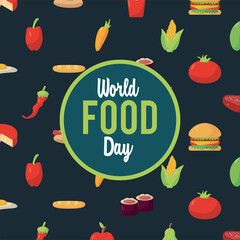 world food day lettering poster with food pattern