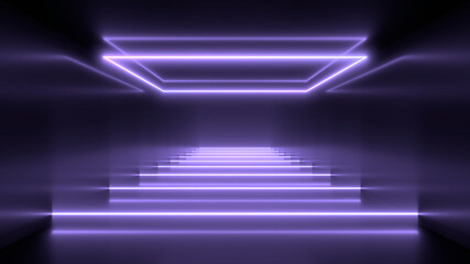 Sci Fy neon lamps in a dark tunnel. Reflections on the floor and walls. 3d rendering image.