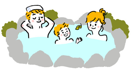 親子で温泉に入るイラスト Illustration of parents and children entering a hot spring