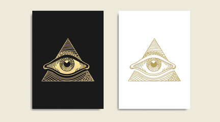 Eyes with a triangle background, symbol of the Masons, eye and gold logo, spiritual guidance tarot reader design. engraving, decorative illustration tattoo - obrazy, fototapety, plakaty