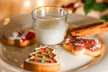 Gingerbread cookies with icing and a glass of milk