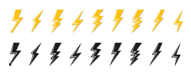 Black and yellow lightning bolt icon set. Electrical strike sign or energy symbol and thunder electricity. Template logo voltage power fast speed. Flash emblem shiny shock Isolated vector illustration - obrazy, fototapety, plakaty