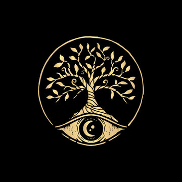 All seeing eye symbol with golden tree of life ornament. Vision of Providence. Luxurious, alchemy, religion, spirituality, occultism, tattoo art, tarot, yoga. Isolated vector illustration