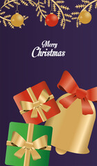 happy merry christmas card with golden bell and gifts