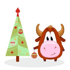 The symbol of 2021 is cute cow or bull. Character for a children s book or postcard. A calf decorating a Christmas tree.